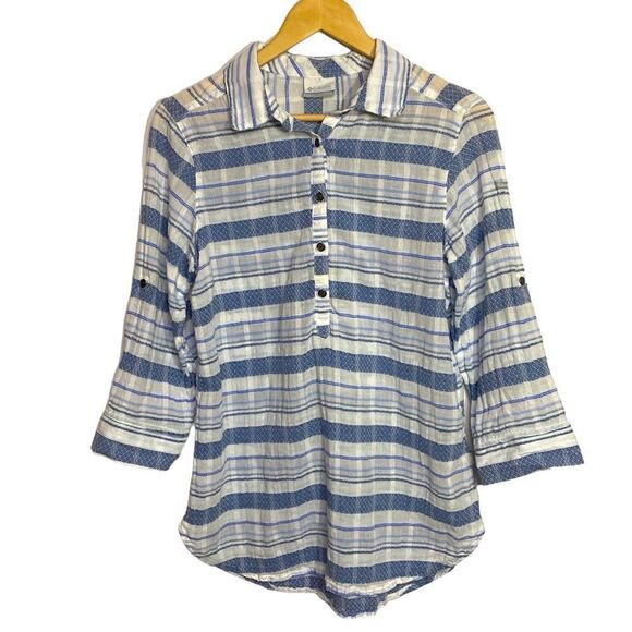 COLUMBIA Gauze Striped Roll-Tab Sleeve Tunic Blouse - Picture 1 of 7